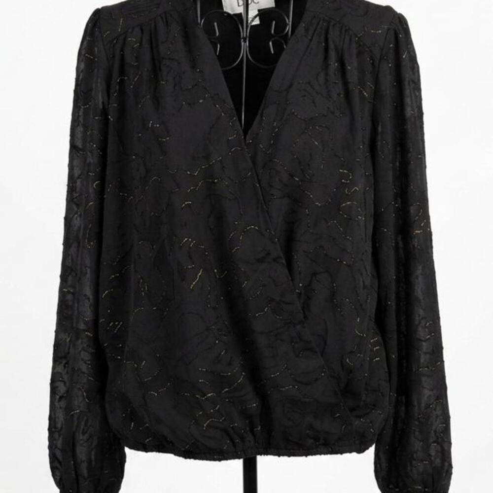 Maurices Black Faux-Wrap Sheer Blouse with Gold Metallic Accents - Size M - NWT